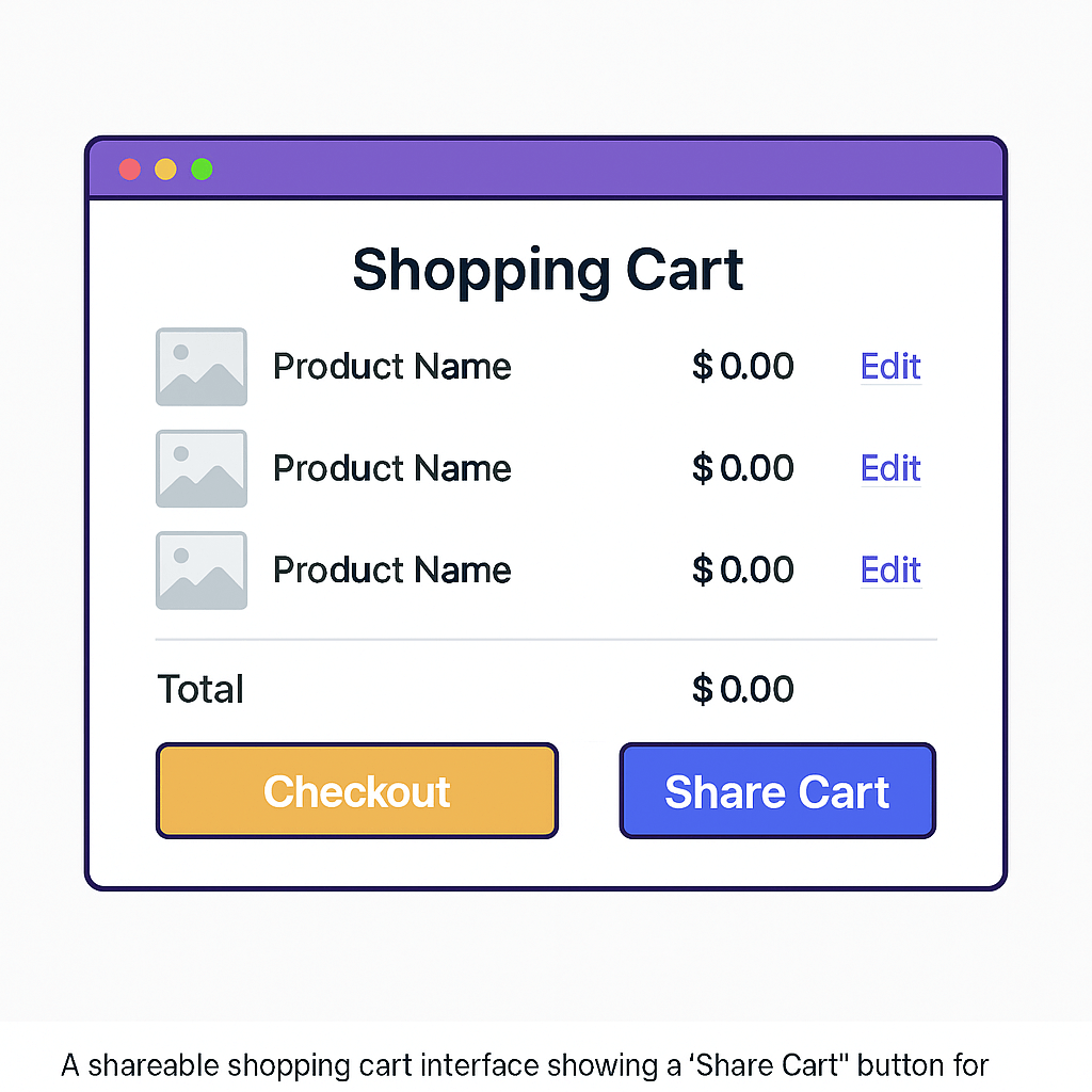 Shopify-style cart interface with visible Share Cart button and product list Caption: Example of a Shopify shopping cart with cart sharing enabled
